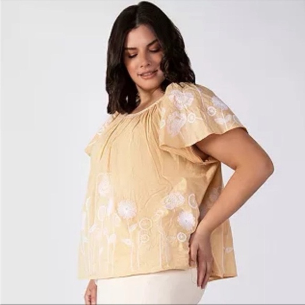 Boho Embroidered Peasant Blouse Beige Cotton Cottagecore Flutter Sleeve XL